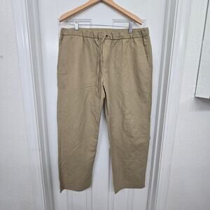 Zara Linen Cotton Blend Pants XL Tan Drawstring Straight Leg Trousers Pockets